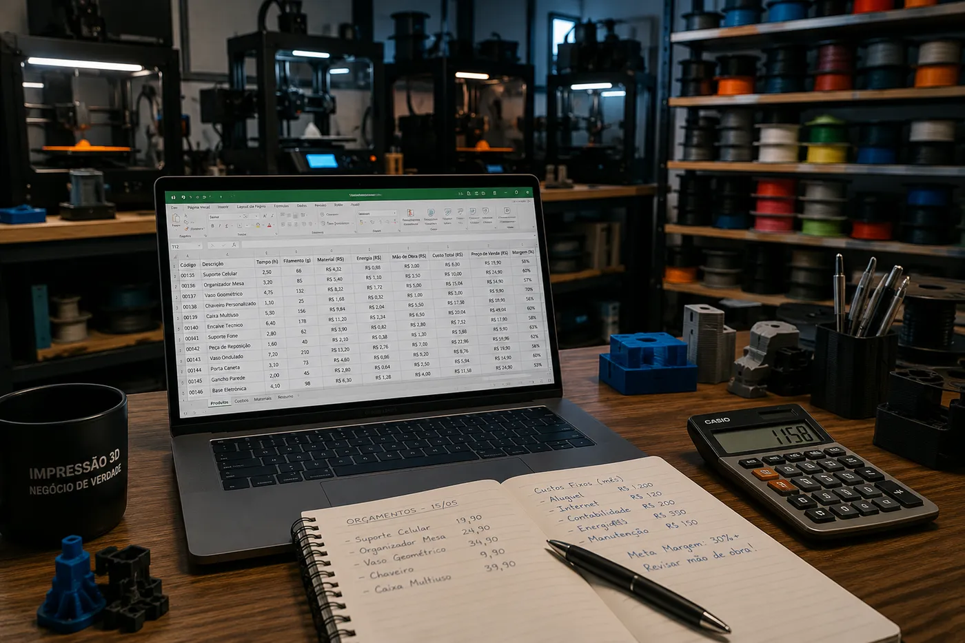 Mesa bagunçada com planilha, caderno e calculadora